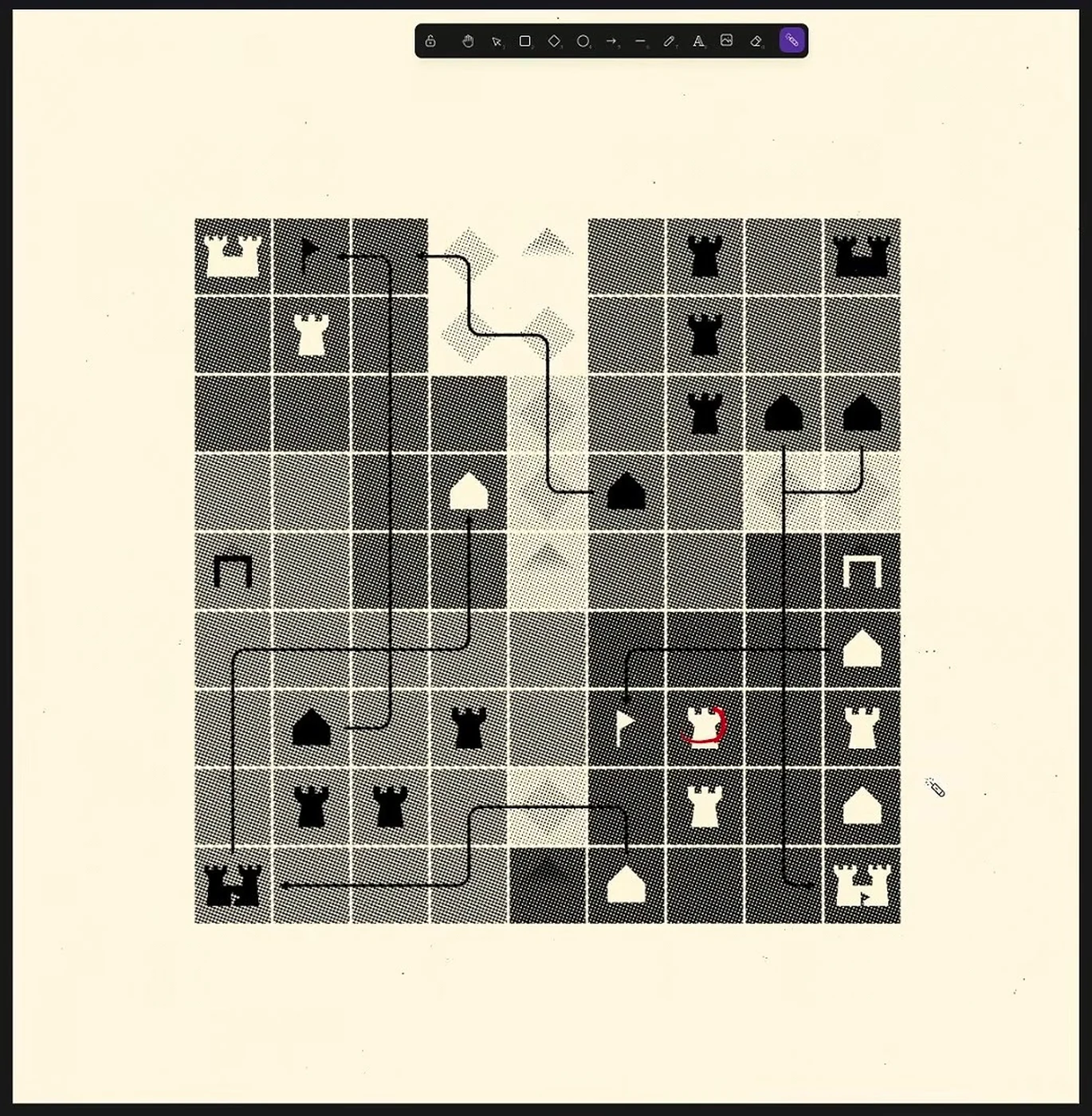 剪影棋盘：简单棋子图形落在灰阶棋盘上，纸色背景保持安静。