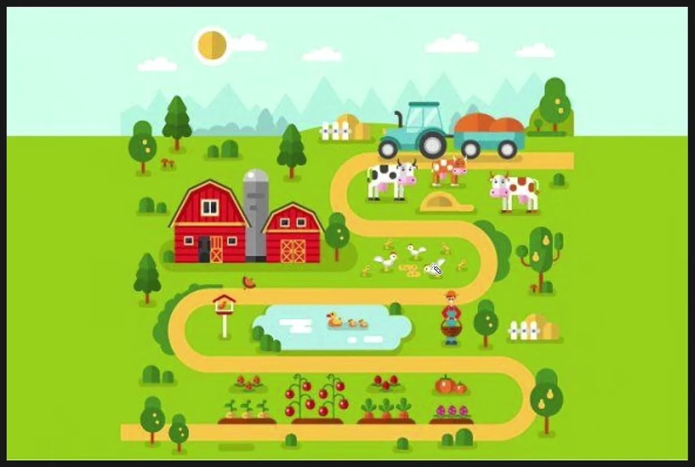 色块农场与视差背景：他指出背景可用简单形状营造视差，前景小路与轮廓动物相对易做；农场建筑则稍复杂。