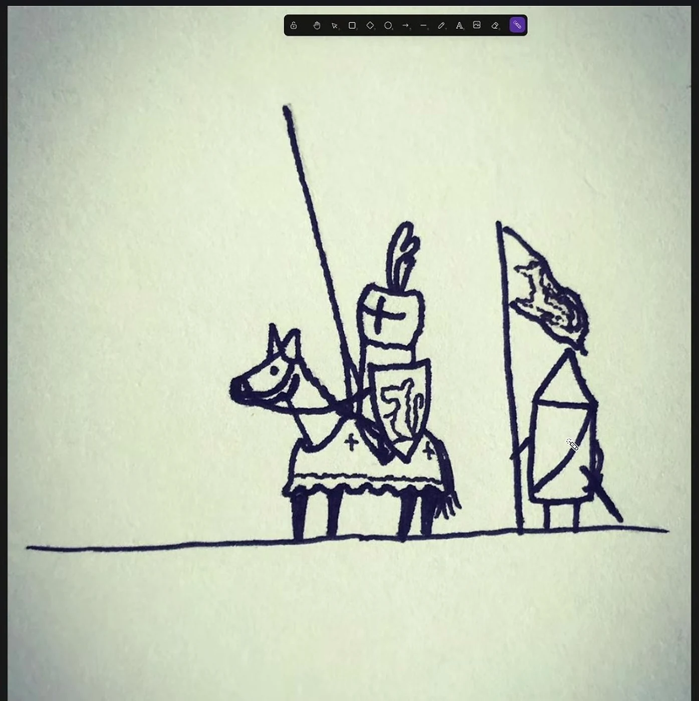 省略脸部的三角形人物：作者强调人物不画脸，不必强行画成细致角色；三角形小人和马腿短桩都可以成立，简单风格允许省略细节。