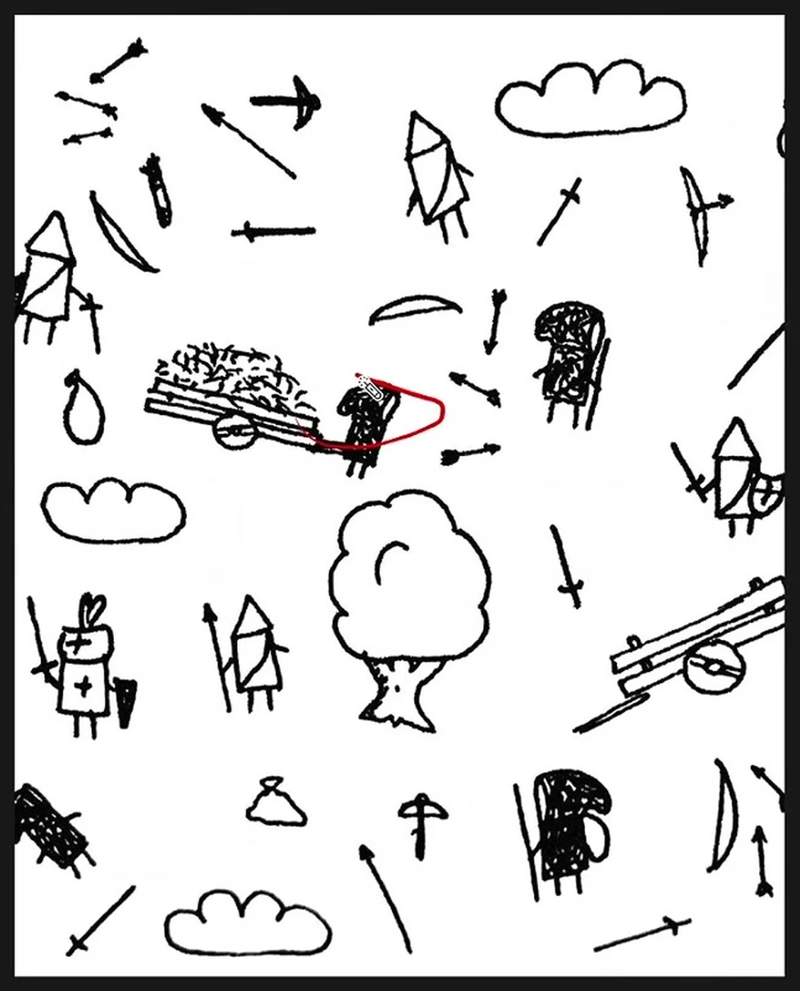 简化人物与武器线描：作者把若干疑似同一作者的基础线描归为一组，指出脸部和兜帽很简略，有些人物就是三角形，剑只有两条线。