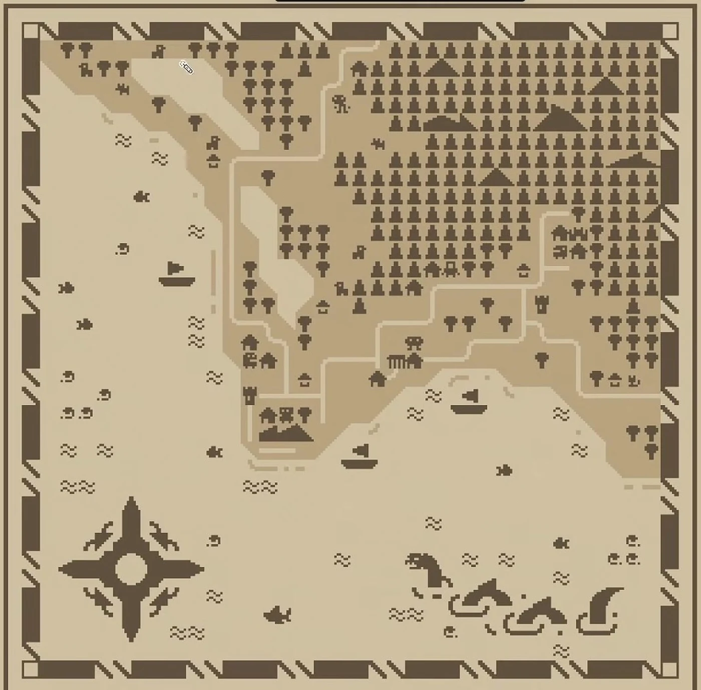 米色六边形地图：森林、山脉与水道用细小符号铺在米色网格上。