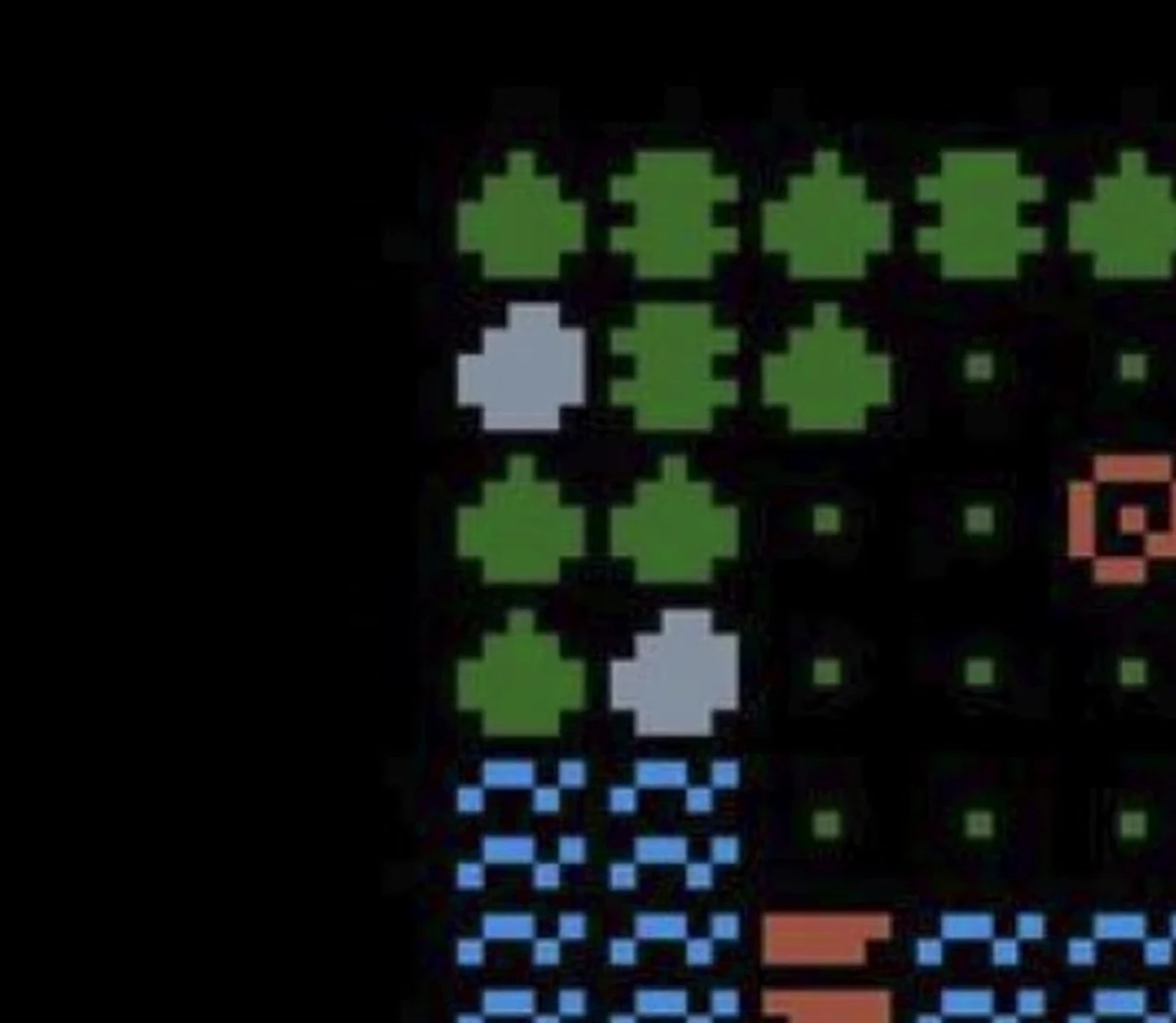 复古界面：近似 ASCII 的图块：作者称这一类为“Retro Interface”，说它有像素画和近似 ASCII 的感觉，用点与基础形状表示火、水等，看上去像图块集。