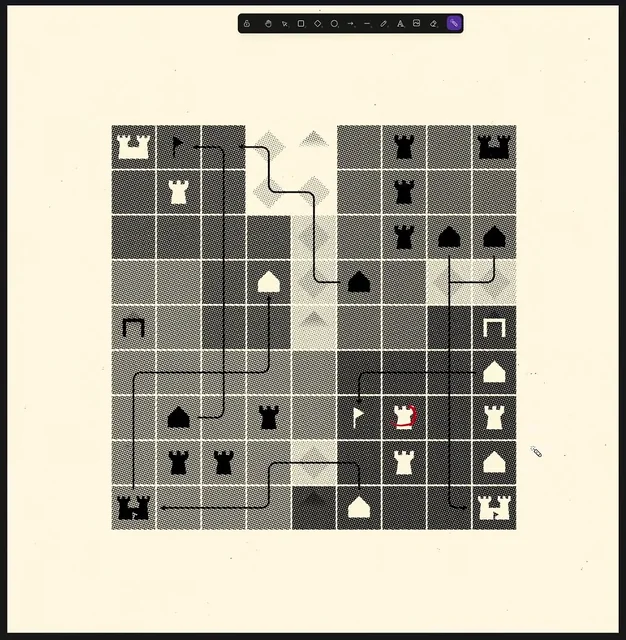 剪影棋盘：简单棋子图形落在灰阶棋盘上，纸色背景保持安静。